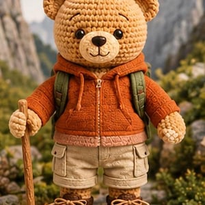 Puede incluir: Un oso de peluche tejido a ganchillo de color beige vestido de excursionista, con una sudadera naranja con cremallera, pantalones cortos cargo beige y botas marrones con cordones. El oso lleva una mochila verde y un bastón de madera.