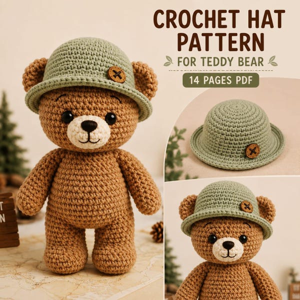 Crochet Teddy Bear Hat | Amigurumi Doll Hat Crochet | Teddy Accessories  | Toy Sun Hat | Beach & Travel Mini Bucket Hat | Crochet pdf