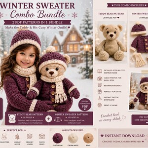 Könnte beinhalten: Ein digitales Set mit zwei PDF-Häkelanleitungen für einen Teddybären und ein Winter-Outfit. Das Paket enthält Anleitungen für einen Bären, eine Strickjacke, eine Mütze, einen Schal und Fäustlinge in den Garnfarben Pflaume, Creme und Beige.