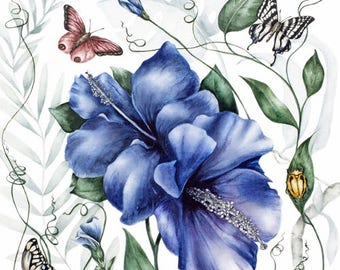 Originele aquarel schilderij, hibiscus, vlinders en insecten, beeldende kunst, botanische kunst, moderne kunst, kunst cadeau, botanische illustratie