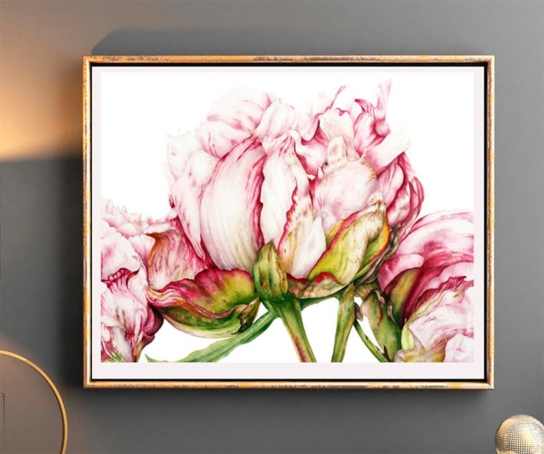 May include: A watercolor painting of pink peonies with green leaves and stems on a white background.