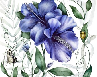 Original Hibiscus Watercolor Painting: Botanical Butterfly Art