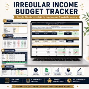 Może przedstawiać: Laptop wyświetla szablon śledzenia budżetu Google Sheets dla freelancerów i zmiennych dochodów. Ekran pokazuje dane finansowe, w tym dochody, wydatki i oszczędności. Ikony wskazują funkcje, takie jak natychmiastowe pobieranie i edytowalne szablony.