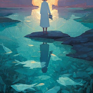 May include: Book cover art for "Water Birds: The Awakening of Latria" featuring a person in a white dress standing on a rock in water. The scene is set against a backdrop of a sunset and stylized fish. The author's name, Umbriel, is at the bottom.