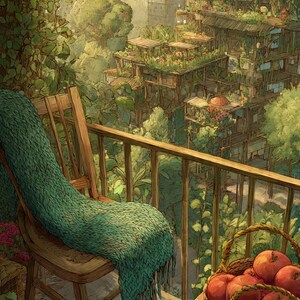 May include: An illustrated book cover featuring a wooden chair with a green blanket on a balcony overlooking a city with buildings covered in greenery. A basket of red apples sits nearby. The title "The SunGrass Chronicles" is displayed.