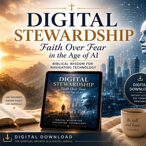 May include: A digital download product advertisement with the title "Digital Stewardship: Faith Over Fear in the Age of AI." The image features a tablet, open book, coffee mug, and a futuristic AI-themed background. The text includes "Biblical Wisdom for Navigating Technology."