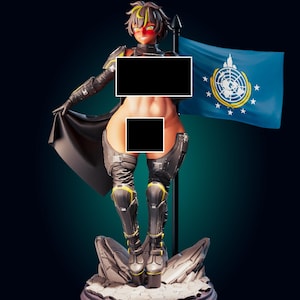 May include: A collectible anime-style figurine featuring a character with dark hair and yellow eyes, wearing dark tactical armor with yellow accents. The figure stands on a rocky base next to a blue flag displaying a white globe and star emblem.