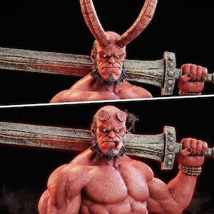 May include: A muscular red-skinned figure with two large horns, a black goatee, and glowing yellow eyes. The figure holds a long, weathered metallic sword across the shoulders. In one version, the figure has a cigar in the mouth with smoke.