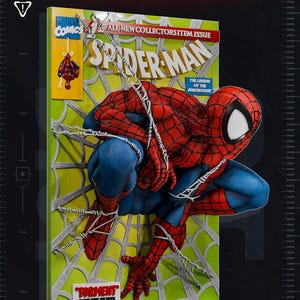 Op de afbeelding: Een 3D-wandposter met een Marvel Comics Spider-Man-cover. Het kunstwerk toont Spider-Man in een rood en blauw pak, gehurkt tegen een witte achtergrond van spinnenwebben. De tekst bevat "Spider-Man", "The Legend of the Arachknight" en "Torment".