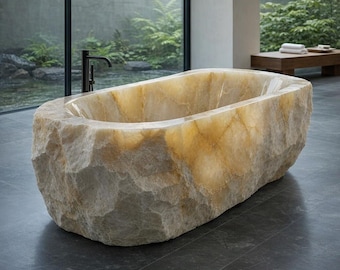 Handcrafted Honey Onyx Stone Freestanding Bathtub – 71in Luxury Spa Soaking Tub with Faucet
