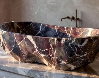 Freistehende Badewanne aus Onyxmarmor - Handgeschnitzte Naturstein-Badewanne (170 × 75 × 55 cm) mit Wasserhahn