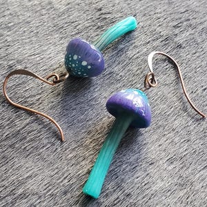 Glossy Violet Coprinus Alchemy Ingredient from Morrowind Hand Sculpted Earrings with Red Copper