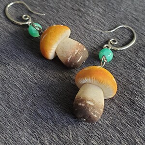 Yellow Mushroom Alchemy Ingredient Hand Sculpted Earrings with green beads