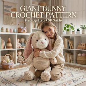 May include: A girl embraces a large, beige crochet bunny. The bunny features long ears with pink inner ears and a pink nose. The image is topped with the text "GIANT BUNNY CROCHET PATTERN" and "Step-by-Step PDF Guide". Shelves with decorative items are in the background.