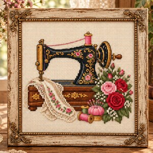 Puede incluir: Un bordado en punto de cruz enmarcado que muestra una máquina de coser vintage negra con detalles florales dorados, un trozo de encaje blanco, un alfiletero rosa, dos carretes de hilo y un ramo de rosas rojas y rosas sobre tela crema.
