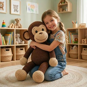 May include: A large, handmade crochet monkey in shades of brown and tan. The plush toy has a smiling face, long arms and legs, and is being hugged by a smiling child. The monkey is a soft, cuddly toy.