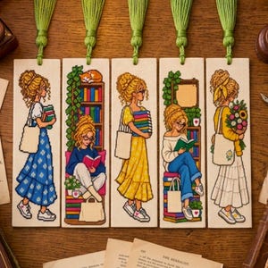 Op de afbeelding: Vijf rechthoekige kruissteek bladwijzers met groene kwastjes, elk met een illustratie van een persoon met krullend blond haar die boeken leest, vrijetijdskleding draagt en een draagtas bij zich heeft in diverse kleurrijke scènes.