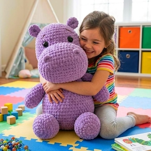 Pode incluir: Um grande brinquedo de pelúcia de hipopótamo roxo feito à mão em crochê. O hipopótamo tem um corpo arredondado, orelhas pequenas e um focinho grande. Uma criança está abraçando o hipopótamo. O hipopótamo está sentado em um tapete de jogo de espuma colorido.