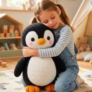 Op de afbeelding: Een grote, ronde, gehaakte pinguïnknuffel met een zwart lichaam, een witte buik en een wit gezichtsvlak. De pinguïn heeft twee zwarte ogen, een kleine oranje snavel en twee kleine roze cirkels op de wangen. Het heeft twee oranje voeten aan de onderkant.