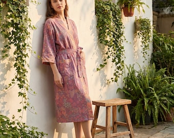 Cotton Gauze Kimono Robe Floral Print Lightweight Summer Robe Boho Dressing Gown Bridesmaid Bridal Party Robe Women's Loungewear Beach Cover