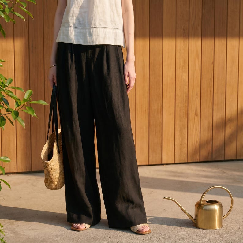 Minimalist Linen Tencel Wide Leg Pants | Relaxed Fit Women's Summer Trousers | Casual Capsule Wardrobe Bottoms Black