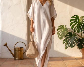 Women's Loose V-Neck Kaftan Dress - Boho Summer Beach Cover Up - Plus Size Friendly Flowing Maxi Caftan - Resort Loungewear Gown