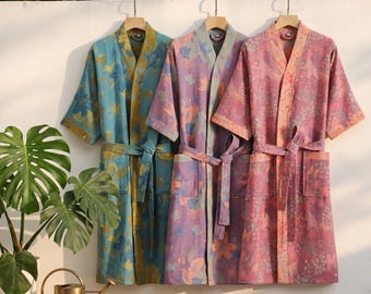 Artisan Block Print Kimono Robe | Double Gauze Cotton Floral Duster Coat | Wabi Sabi Loungewear and Modest Flowy Layer | Bohemian Maxi Gown