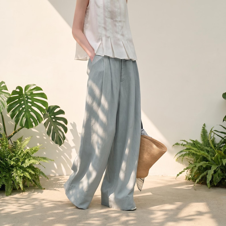 Minimalist Linen Tencel Wide Leg Pants | Relaxed Fit Women's Summer Trousers | Casual Capsule Wardrobe Bottoms Dusty Blue