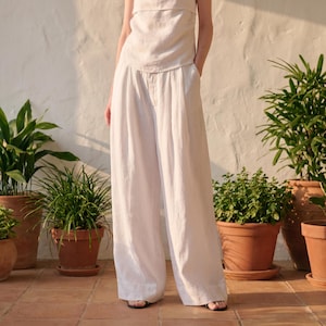 Minimalist Linen Tencel Wide Leg Pants | Relaxed Fit Women's Summer Trousers | Casual Capsule Wardrobe Bottoms White