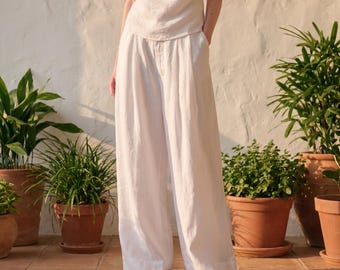 Minimalist Linen Tencel Wide Leg Pants | Relaxed Fit Women's Summer Trousers | Casual Capsule Wardrobe Bottoms