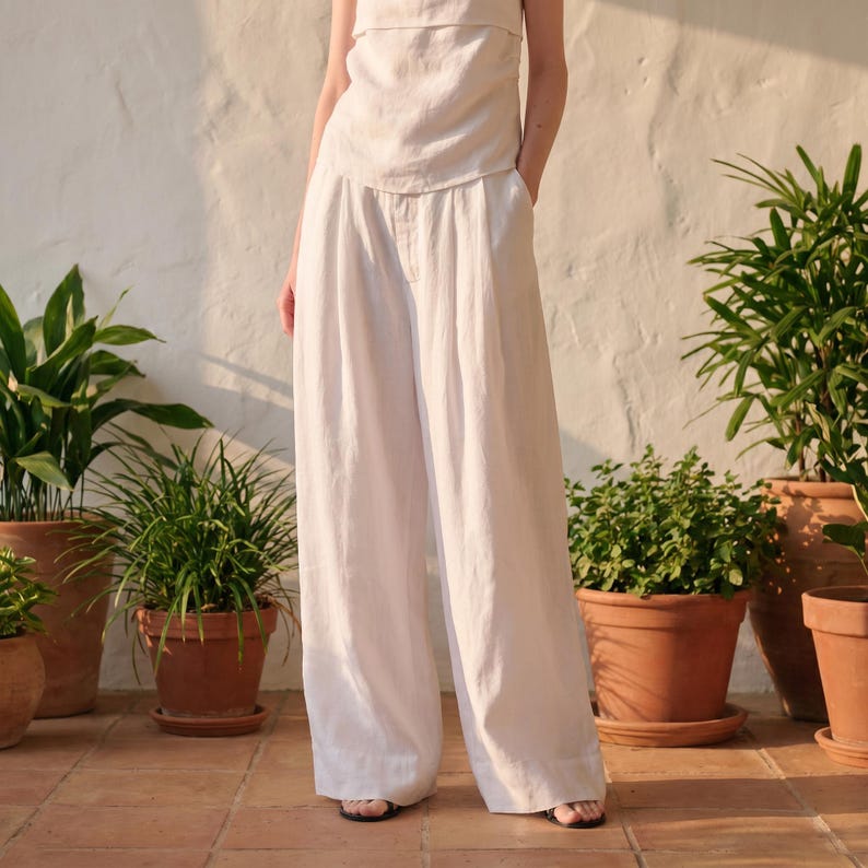 Minimalist Linen Tencel Wide Leg Pants | Relaxed Fit Women's Summer Trousers | Casual Capsule Wardrobe Bottoms White