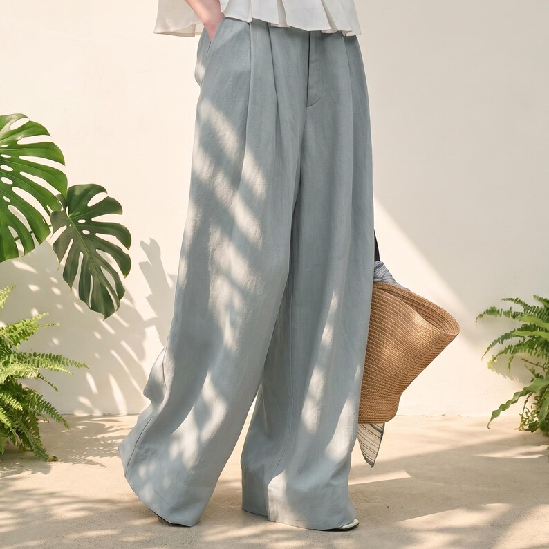 Minimalist Linen Tencel Wide Leg Pants | Relaxed Fit Women's Summer Trousers | Casual Capsule Wardrobe Bottoms image 9