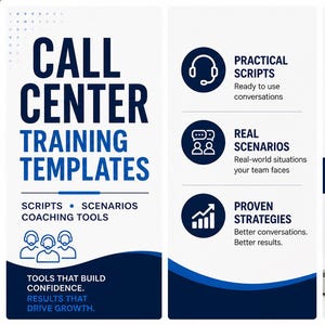 Peut inclure: Graphique promotionnel pour des modèles de formation de centre d'appels. La conception présente du texte et des icônes, notamment "Scripts pratiques", "Scénarios réels" et "Stratégies éprouvées". Un ordinateur portable affiche un schéma intitulé "Le Réflexe de référence."