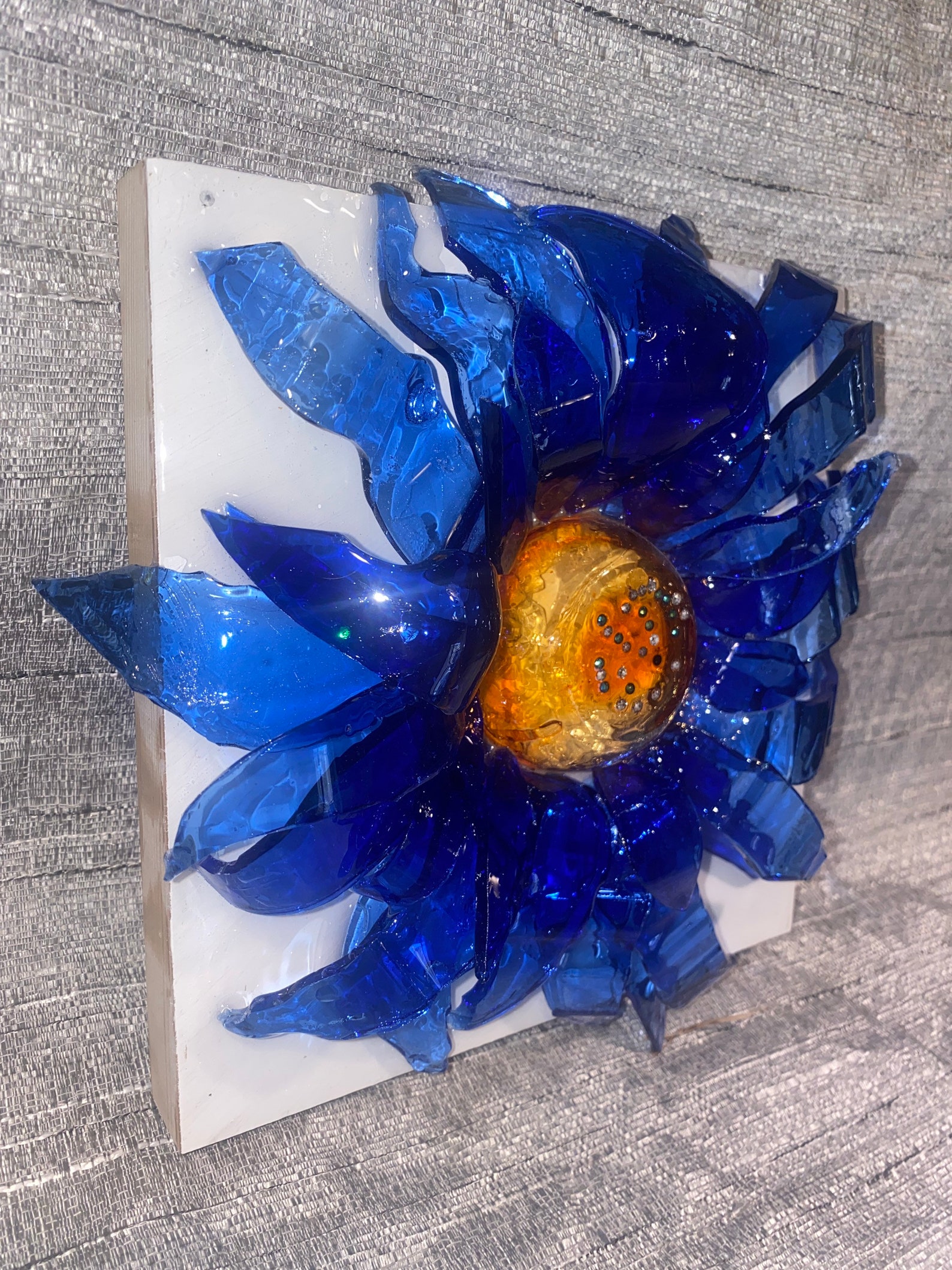 Blue Flower Glass Art Resin Art Etsy
