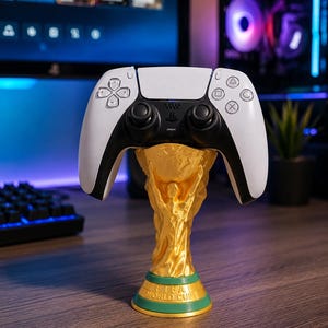 May include: A white and black PlayStation 5 controller resting on a gold-colored FIFA World Cup trophy. The trophy has a green base with gold lettering. The background includes a computer monitor and a keyboard.