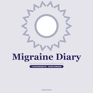 May include: A light purple digital document cover titled Migraine Diary with a central sun-like icon. Below the title is the text See the storm coming before it hits and a dark purple button labeled 12-PAGE PRINTABLE PDF INSTANT DOWNLOAD.