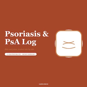 Puede incluir: Una portada de documento digital en color naranja quemado con texto blanco que dice Psoriasis & PsA Log, Skin and joints, tracked side by side, y 12-PAGE PRINTABLE PDF INSTANT DOWNLOAD. Un icono cuadrado blanco con esquinas redondeadas presenta un gráfico lineal simple.