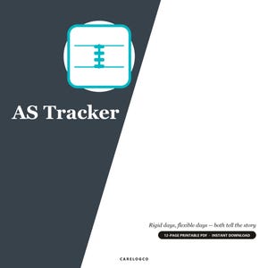 Può includere: Una copertina di documento digitale intitolata AS Tracker con uno sfondo diviso in diagonale grigio scuro e bianco. Presenta un'icona color ottanio di una struttura simile a una colonna vertebrale e il testo Rigid days, flexible days -- both tell the story.
