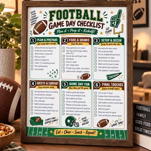 Peut inclure: Une affiche encadrée de liste de contrôle pour le jour du match de football avec un cadre en bois foncé. Le panneau blanc présente du texte vert et marron, six sections numérotées et des graphismes sur le thème du football.