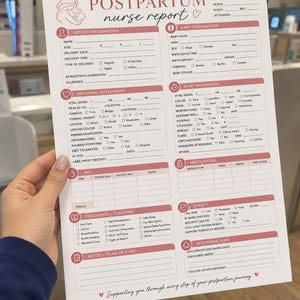 May include: A white postpartum nurse report form with pink headers and text. Sections include patient information, baby information, maternal assessment, baby assessment, medications, safety, education, and discharge plan with checkboxes and lines.