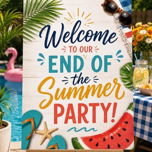 Peut inclure: Un panneau rectangulaire sur un chevalet en bois avec un fond en bois blanc. Le texte indique Welcome TO OUR END OF the Summer PARTY! Décoré avec une feuille de palmier verte, des lunettes de soleil marron, une étoile de mer, des tongs bleu sarcelle et une tranche de pastèque.