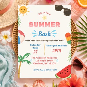 Modello di invito per festa estiva, invito modificabile per festa estiva, invito per barbecue in giardino, invito per festa in piscina, download immediato, Canva