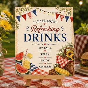 Bordje voor een drankstation bij de barbecue in de achtertuin | Decoratie voor de dranktafel tijdens een zomerse barbecue (direct te downloaden)