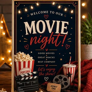 以下が含まれることがあります： ダークブルーの背景に「WELCOME TO OUR MOVIE night!」という白と赤の文字が書かれた額縁入りの看板。その下には「GOOD MOVIES, GREAT SNACKS, BEST COMPANY」および「let's enjoy the show!」と記されている。ポップコーンバケツ、カチンコ、ドリンクカップ、フィルムリール、「ADMIT ONE」チケットが含まれている。