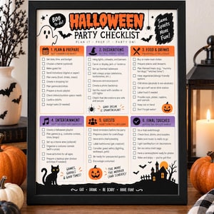May include: A framed Halloween party checklist with a black border. The white sign features orange and purple headers, black text, and illustrations of ghosts, bats, spiders, a cat, and a haunted house. It includes six sections for planning.