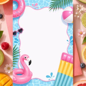 May include: A rectangular stationery card featuring a central white space framed by a blue swimming pool pattern. The border includes a pink flamingo float, a pink donut float, a beach ball, heart-shaped sunglasses, and green palm leaves.