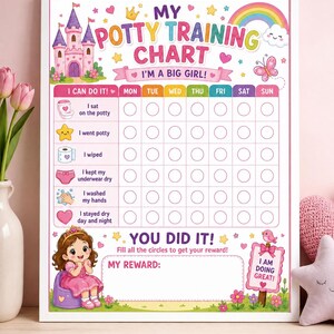 May include: A white-framed potty training chart featuring a pink castle, rainbow, and butterfly. The chart includes columns for days of the week and rows for tasks like sitting on the potty, wiping, and washing hands, with empty circles for tracking progress.