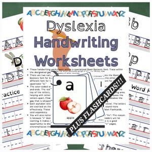 Op de afbeelding: Dyslexie Handschrift Werkbladen en flashcards. De afbeelding toont handschrift oefenbladen met het alfabet en een set flashcards. De flashcards tonen de letter "a" en een illustratie van een appel. De werkbladen gebruiken een speciale Open Dyslexic lettertype.