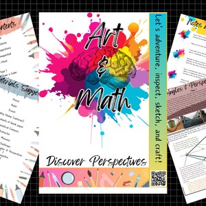May include: A colorful illustration of a brain with the words "Art & Math" and the phrase "Discover Perspectives". The image is surrounded by colorful paint splatters and includes a QR code.