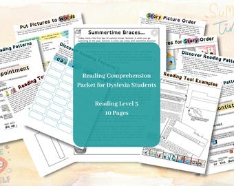 May include: A collection of educational worksheets for dyslexia students. The worksheets include reading comprehension exercises, story order activities, and vocabulary building. The packet is labeled "Reading Comprehension Packet for Dyslexia Students" and is for Reading Level 3.